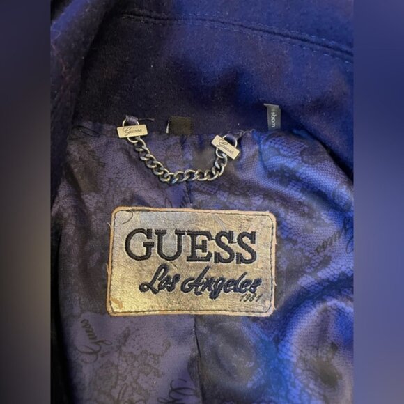 Guess Wool Blend Blue Coat Double Breasted Belted Size M Ornate Buttons Retro - Picture 6 of 12